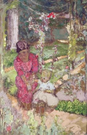 Woman with child in a garden, 1918 (distemper on paper laid down on canvas) 