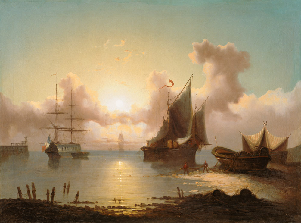 Sailing ships with sunset and fisherman when retracting a net. a Eduard Agricola