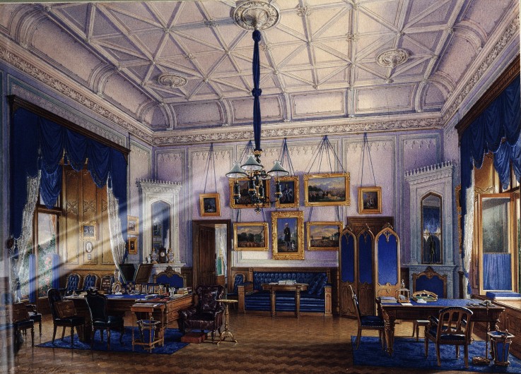 The blue Study room of Emperor Alexander II in the Farm Palace in Peterhof a Eduard Hau