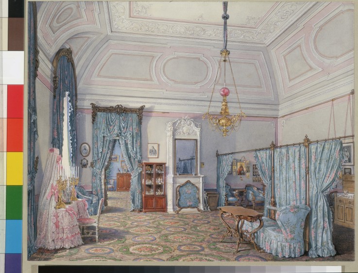 Interiors of the Winter Palace. The Fifth Reserved Apartment. The Bedroom of Grand Princess Maria Al a Eduard Hau