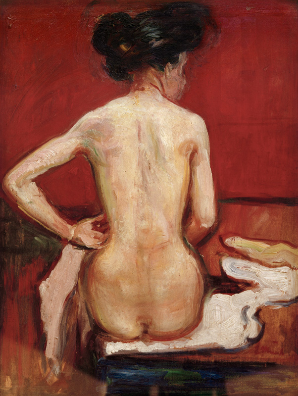 Back View of Sitting Female Nude with Red Background a Edvard Munch