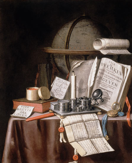 Quiet life with manuscripts, candle, globe and silver writing dishes a Edwaert Colyer