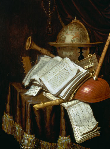 Vanitas with a globe, musical scores and instruments a Edwaert Colyer or Collier