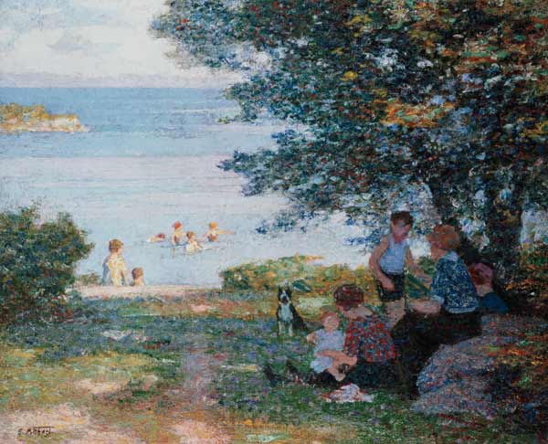 Mothers with children on the shady shore a Edward Henry Potthast