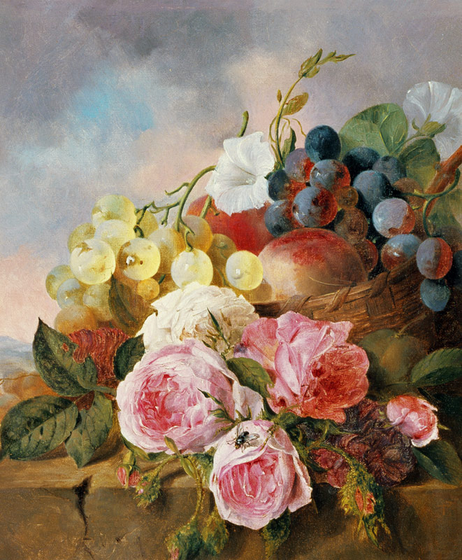 Still life of fruit and roses on a ledge a Edward Ladell
