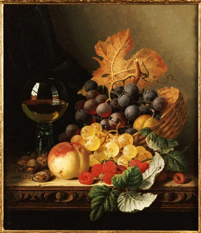 Ein Korb mit Weintrauben, Himbeeren, einem Pfirsich und einem Glas Wein. a Edward Ladell