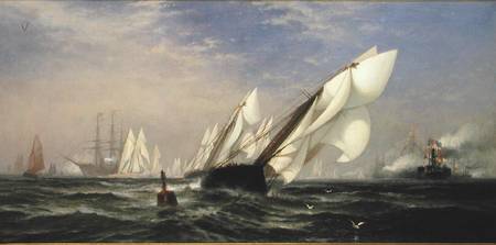 American yacht Sappho winning the race with the English yacht Livonia for the America Cup a Edward Moran