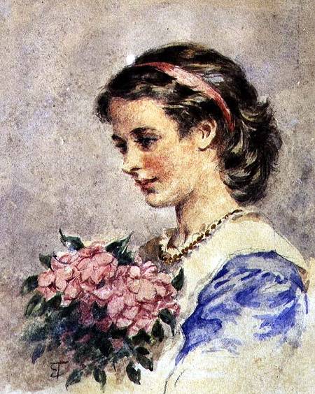 Young Girl with a Bunch of Pink Flowers (w/c over pencil on paper) a Edward Tayler