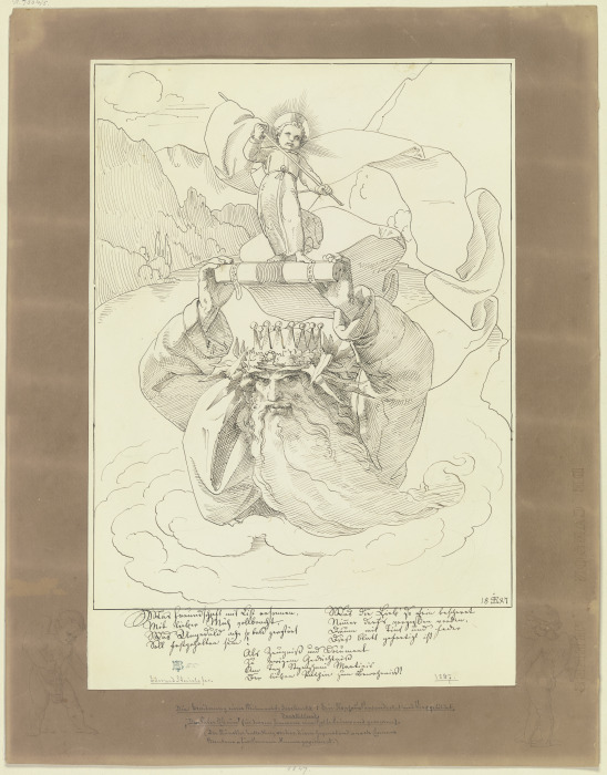 Brauner Montierungsbogen mit zwei das Hauptblatt rahmenden Putten an den unteren Ecken a Edward von Steinle