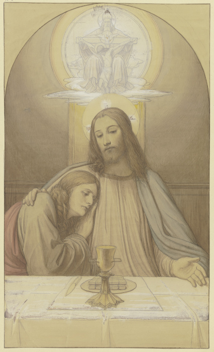 Christus mit dem Lieblingsjünger Johannes, Halbfiguren am Tisch des letzten Abendmahles, über ihnen  a Edward von Steinle