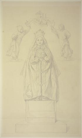 Die kleine Maria in eine Dalmatica gehüllt, über ihr zwei Engel mit Spruchband