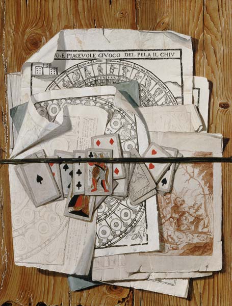 Trompe l ' oeil with different prints and playing cards a Egidio Maria Bondoni