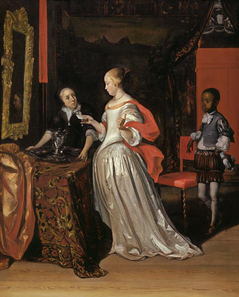 A Lady Holding A Letter Attended By A Negro Page As A Maid Places A Silver Ewer And Basin On A Table a Eglon Hendrick van der Neer