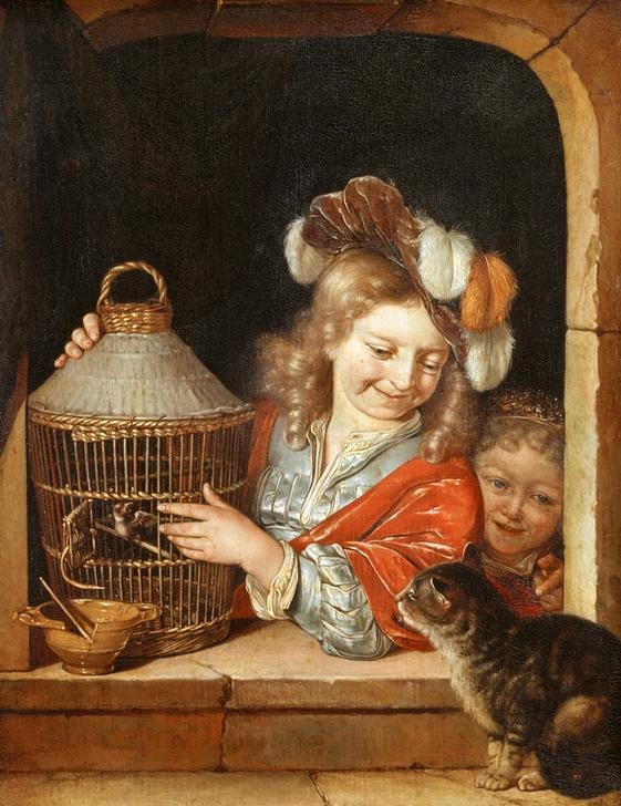Children with Birdcage and Cat a Eglon Hendrik van der Neer