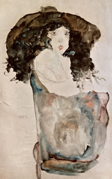 Girl with blue-black hair and hat. a Egon Schiele