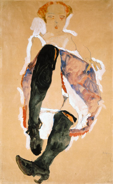 Sedentary girl with black stockings a Egon Schiele