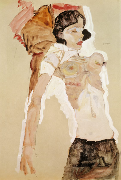Liegendes, halbbekleidetes Mädchen a Egon Schiele