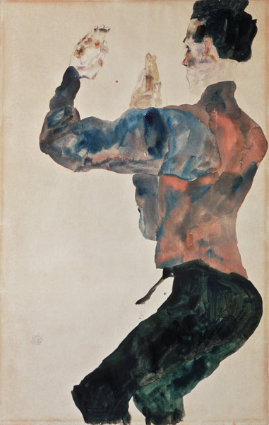 Self-portrait with raised arms, back view a Egon Schiele