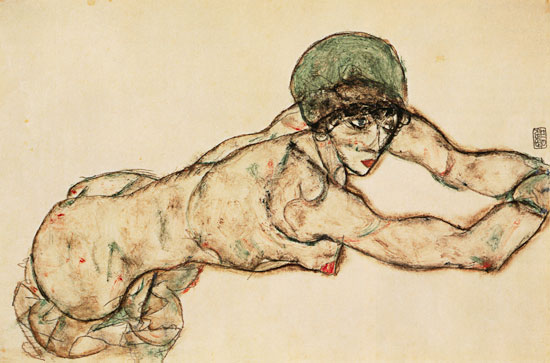 Woman act with a green bonnet lying to the right a Egon Schiele