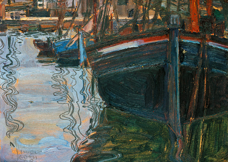 Boats, themselves in the water reflecting a Egon Schiele