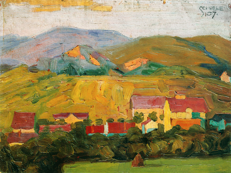 Village with mountains a Egon Schiele
