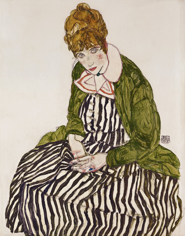 Edith Schiele in Striped Dress, Seated a Egon Schiele