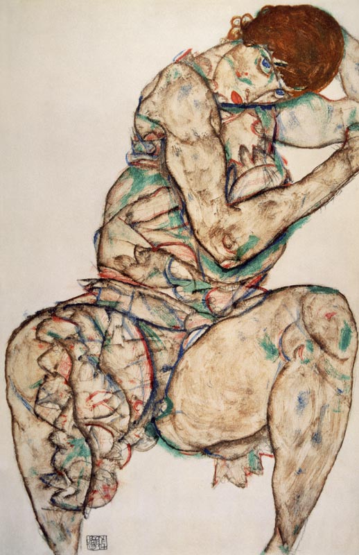 Sedentary woman with a left hand in the hair a Egon Schiele