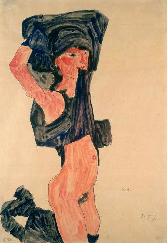 Kniendes girl, himself pulling the skirt over the head a Egon Schiele