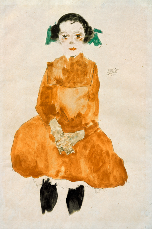 Little girl in a yellow dress with black stockings a Egon Schiele