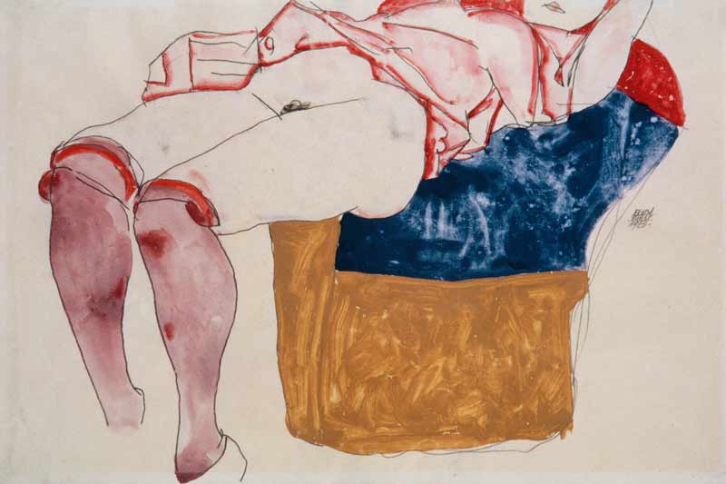 Resting woman with lilafarbenen stockings a Egon Schiele