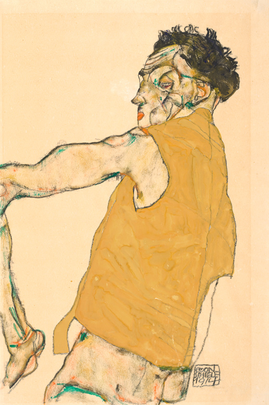 Self-Portrait in Yellow Vest a Egon Schiele
