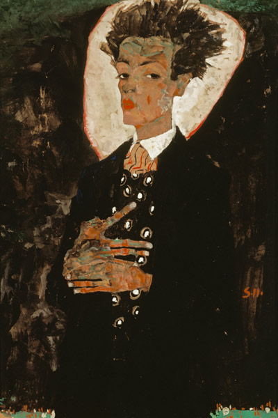 Self-portrait with peacock waistcoat, stationary. a Egon Schiele