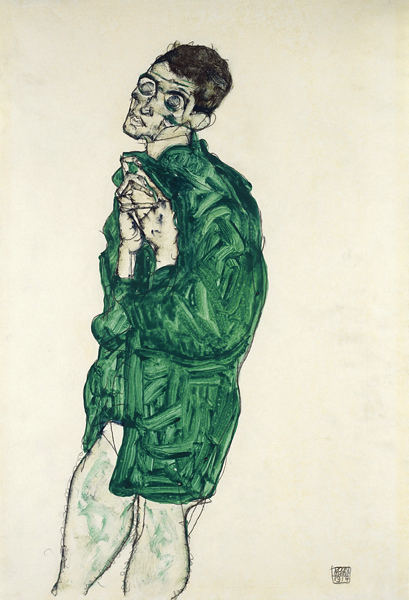 Self-portrait in green shirt with eyes closed a Egon Schiele