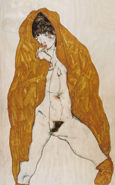 Female act with a yellow cape a Egon Schiele