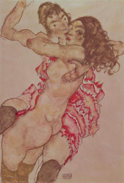 Two girls, each other hugging a Egon Schiele