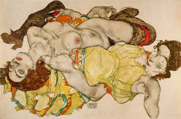 Two girls, lying in position crossed over a Egon Schiele