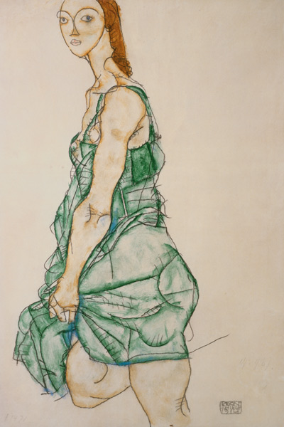Stationary woman in green shirt a Egon Schiele