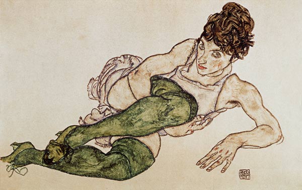 Reclining woman, green tights a Egon Schiele