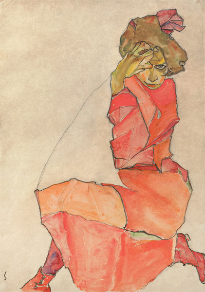 Donna inginocchiata con vestito rosso-arancio a Egon Schiele