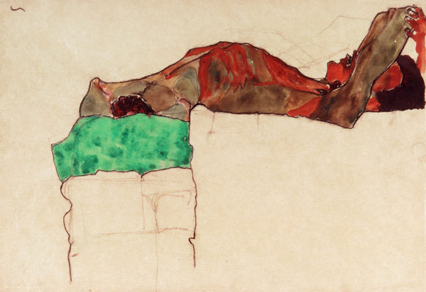 Lying masculine act with a green cloth a Egon Schiele