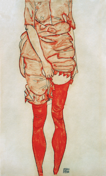 Donna in piedi vestita di rosso a Egon Schiele