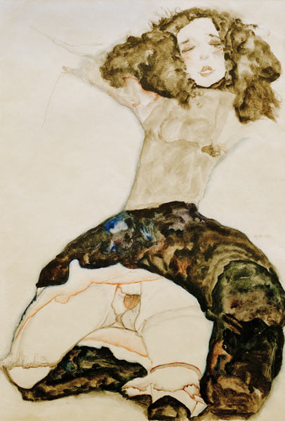 Schwarzhaariges Mädchen mit hochgeschlagenem Rock a Egon Schiele