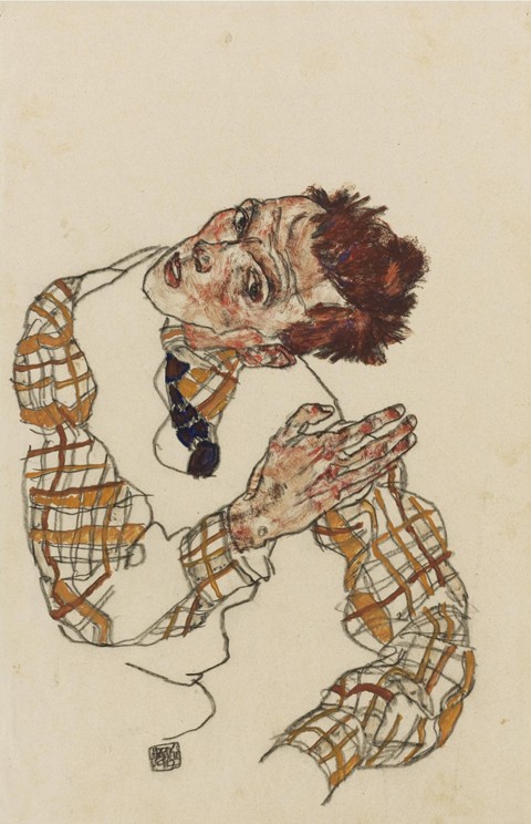 Self-portrait with checkered shirt a Egon Schiele