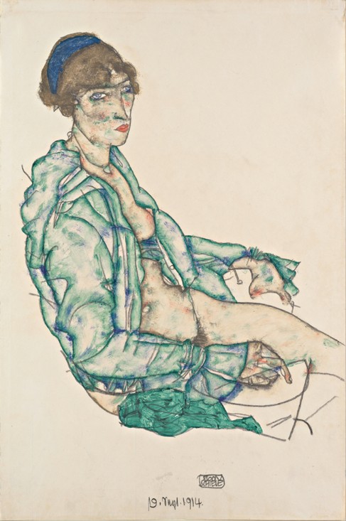 Sitting Semi-Nude with Blue Hairband a Egon Schiele