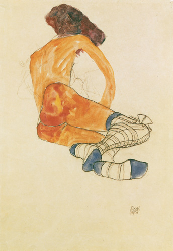 Sedentary female act with a blue stocking ribbon, seen by the back a Egon Schiele