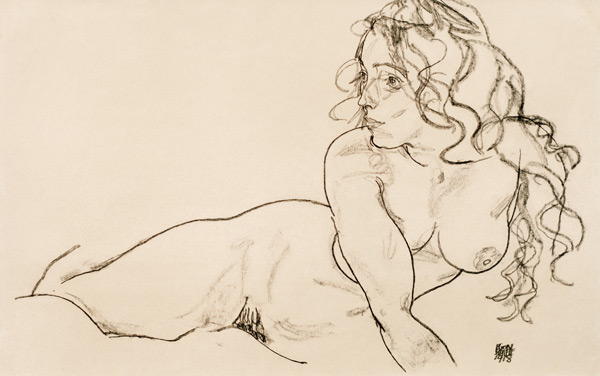 Nudo femminile a riposo con capelli lunghi a Egon Schiele