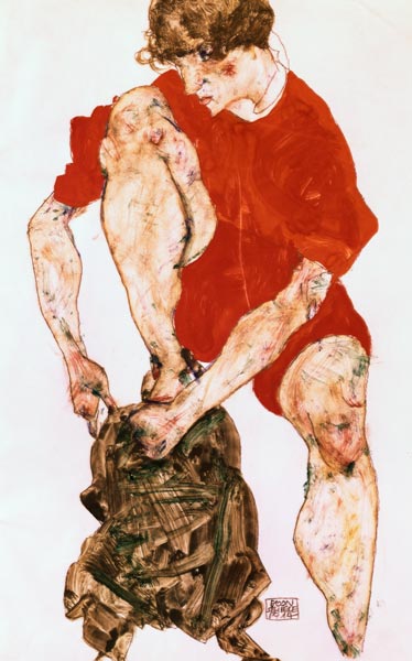 Female model in a fiery red jacket and trousers a Egon Schiele