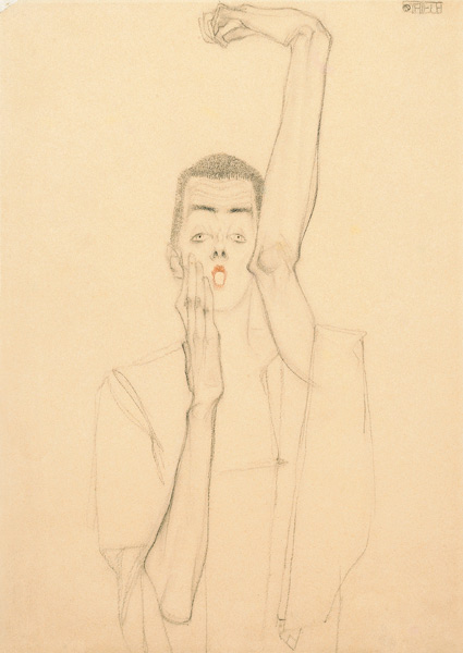 Young Man With A Raided Arm And Red Mouth a Egon Schiele