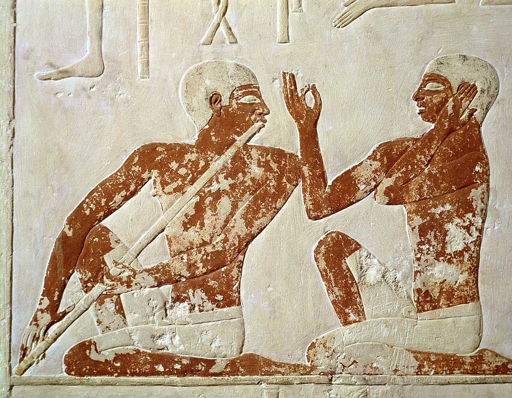 Painted relief depicting a flute player and a singer at a funerary banquet, from the Tomb of Nenkhef a Egizi
