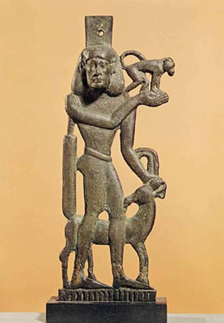 Figure of a man holding a monkey with an ibex licking his knee, Saite Period a Egizi